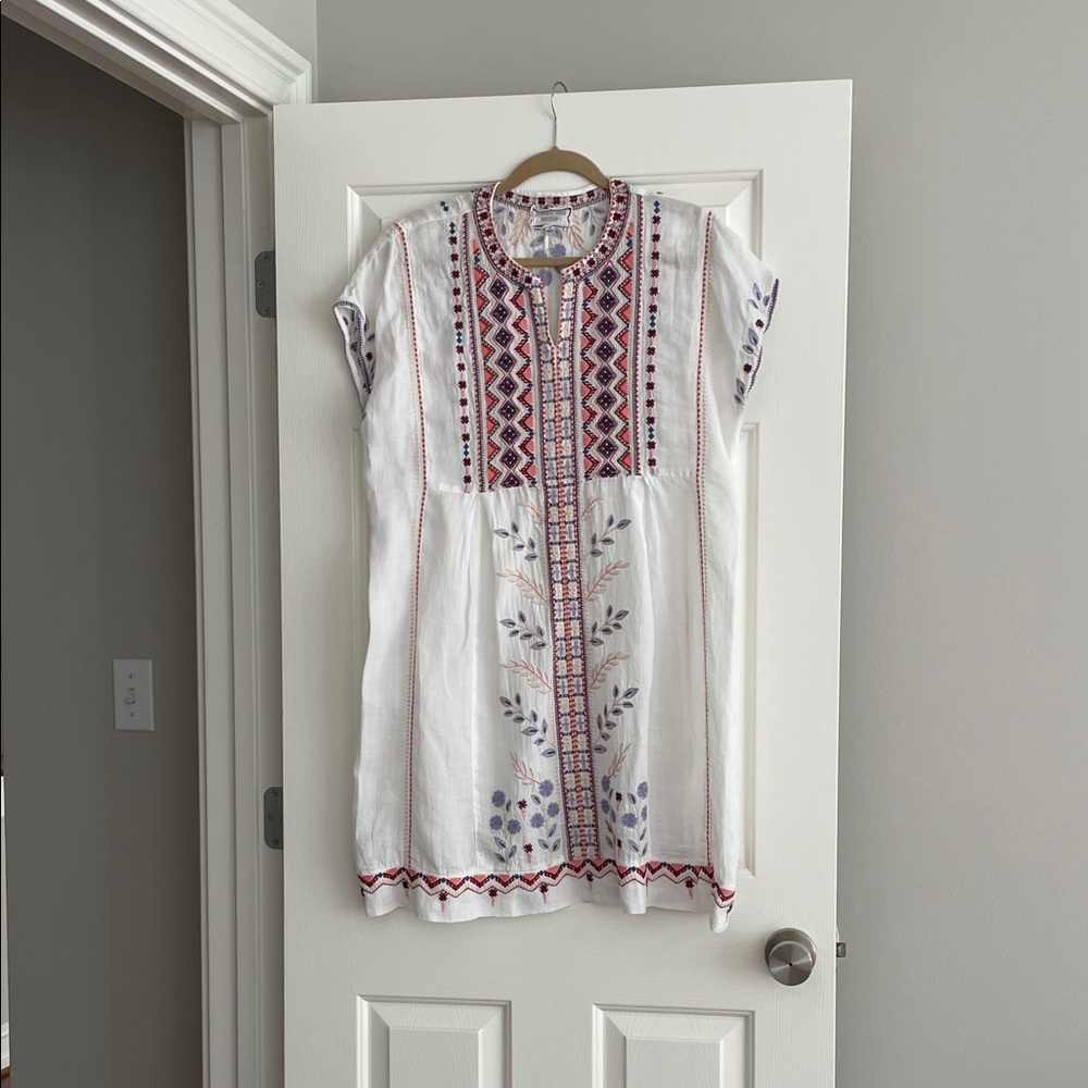 Johnny Was White Dress with Red and Blue Embroidery